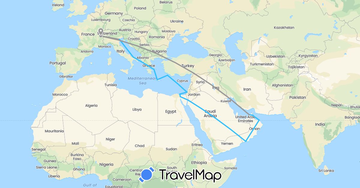 TravelMap itinerary: driving, plane, boat in United Arab Emirates, Switzerland, Egypt, Greece, Israel, Jordan, Oman (Africa, Asia, Europe)